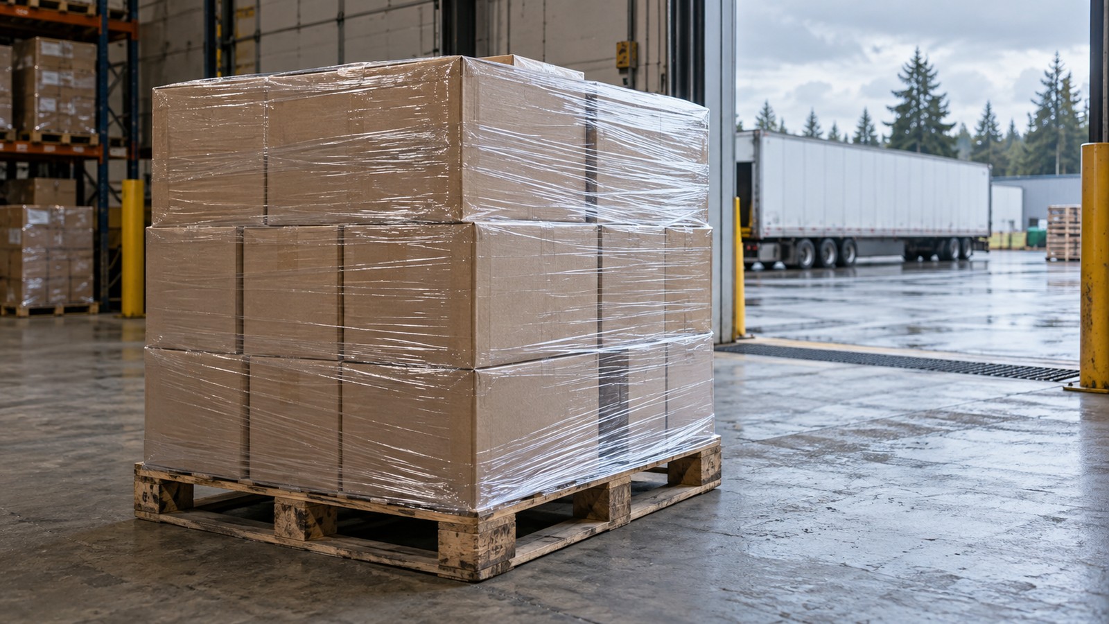 Illustrative wrapped cartons on a wooden pallet near a loading door