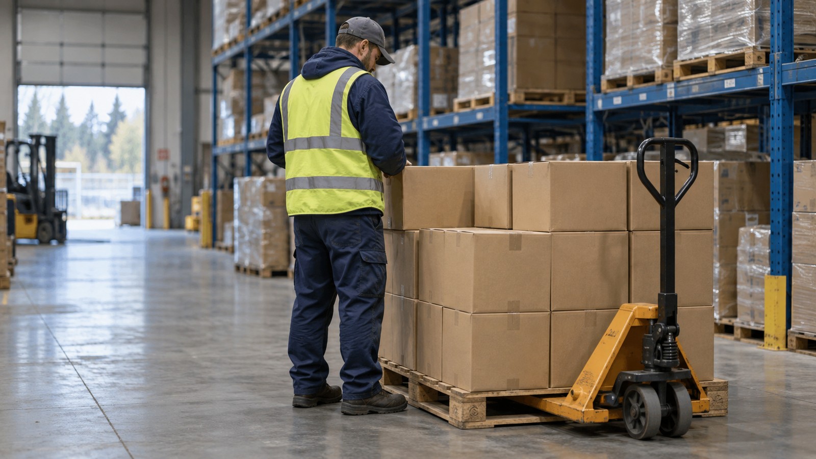 Illustrative warehouse worker checking cartons beside a manual pallet jack