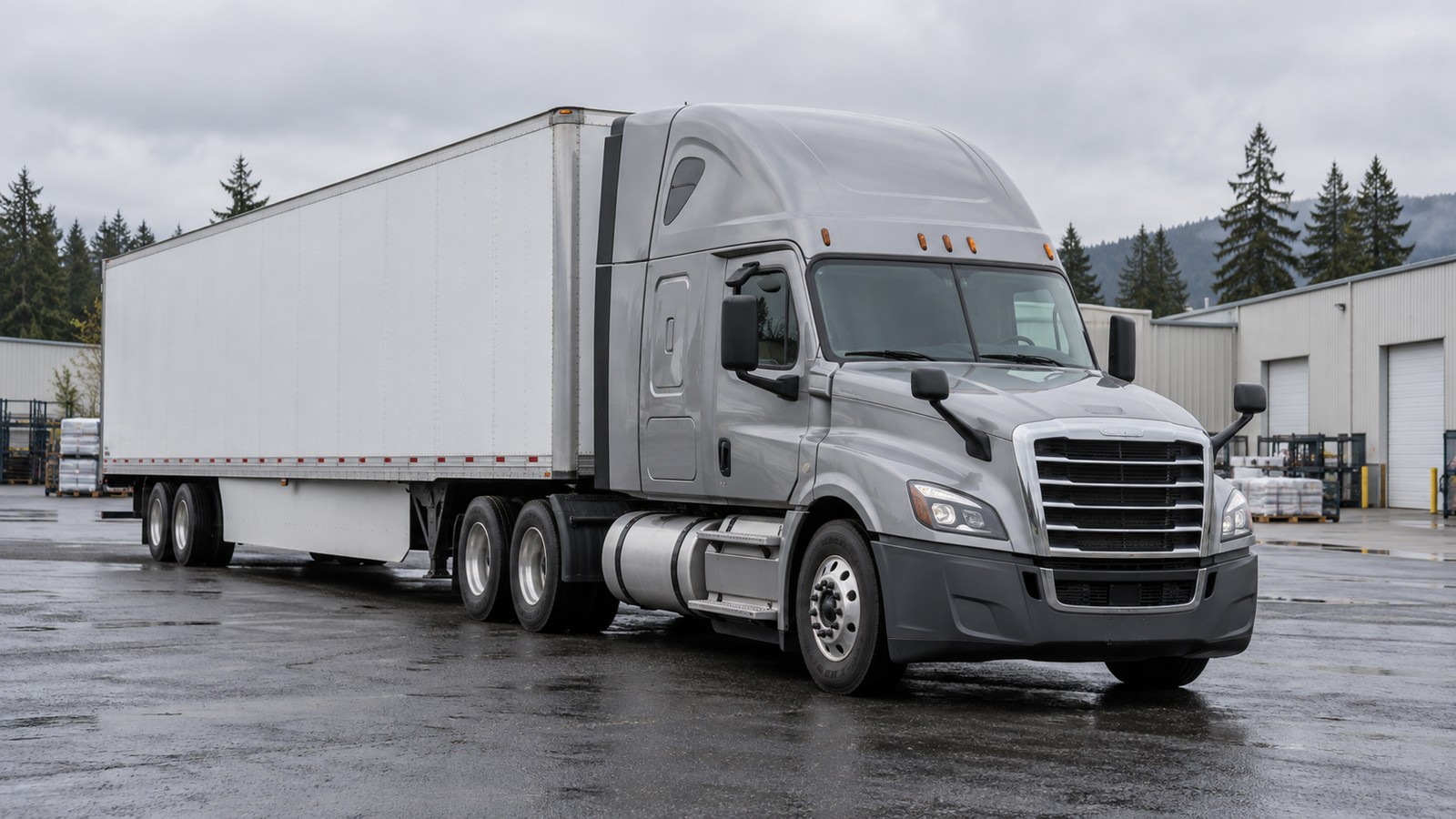Illustrative tractor-trailer in an overcast Pacific Northwest industrial yard