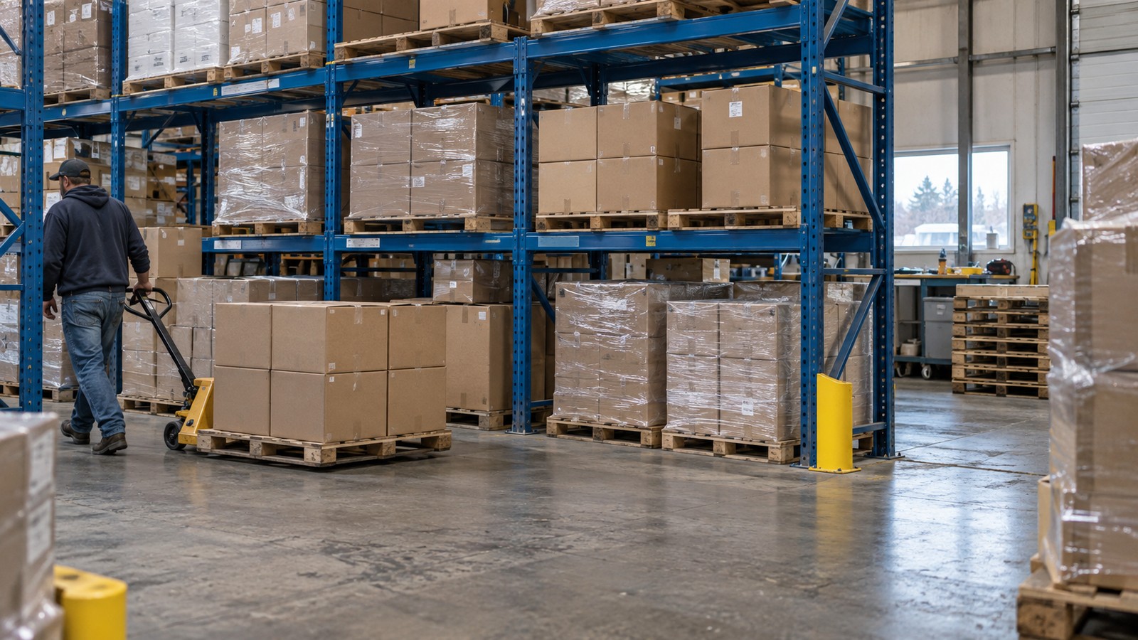 Illustrative warehouse cross-aisle with blue racks and palletized goods